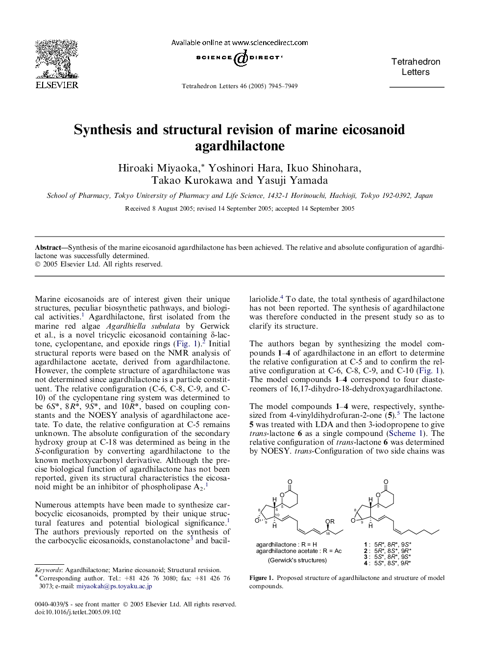 Synthesis and structural revision of marine eicosanoid agardhilactone