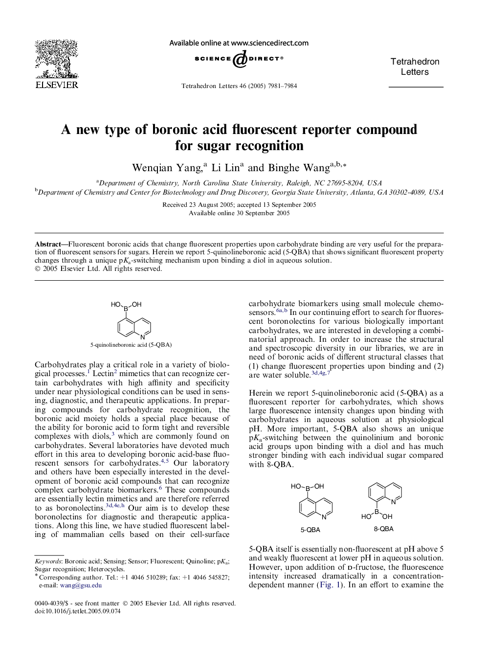 A new type of boronic acid fluorescent reporter compound for sugar recognition