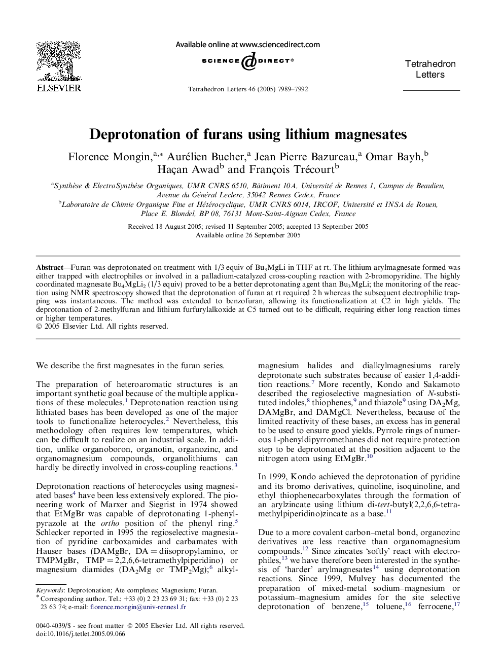 Deprotonation of furans using lithium magnesates