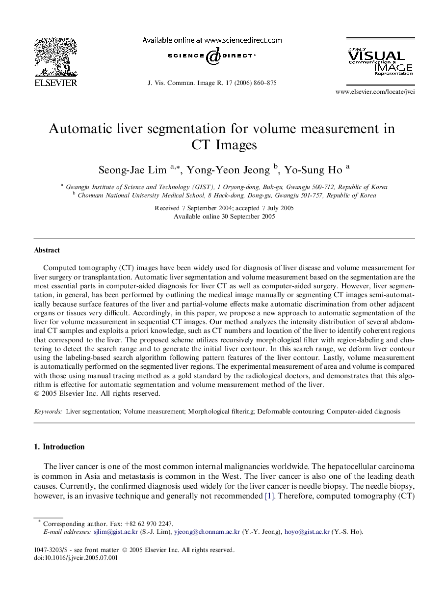 Automatic liver segmentation for volume measurement in CT Images