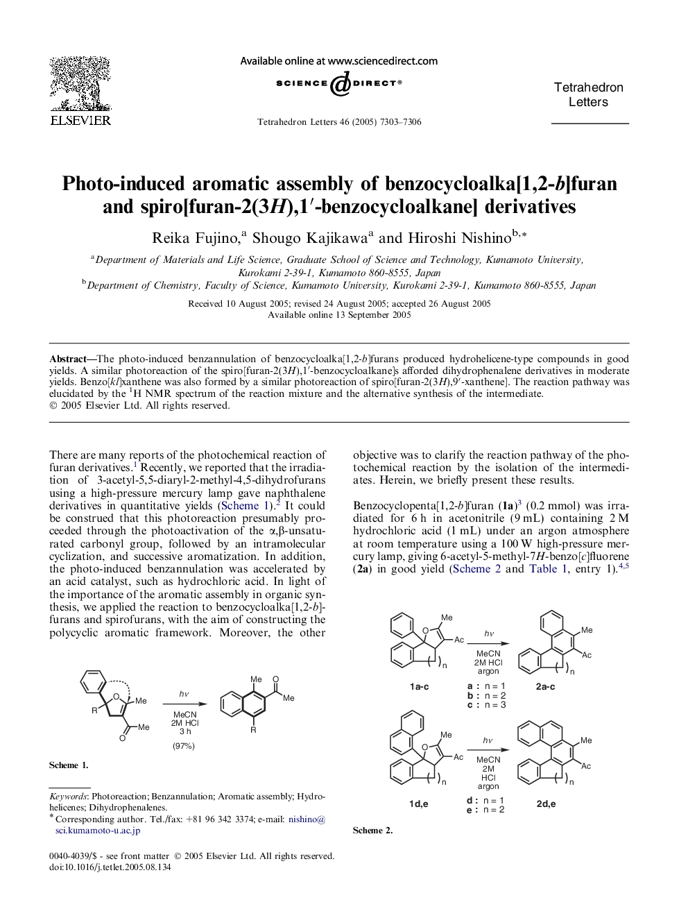 Photo-induced aromatic assembly of benzocycloalka[1,2-b] furan and spiro[furan-2(3H),1â²-benzocycloalkane] derivatives