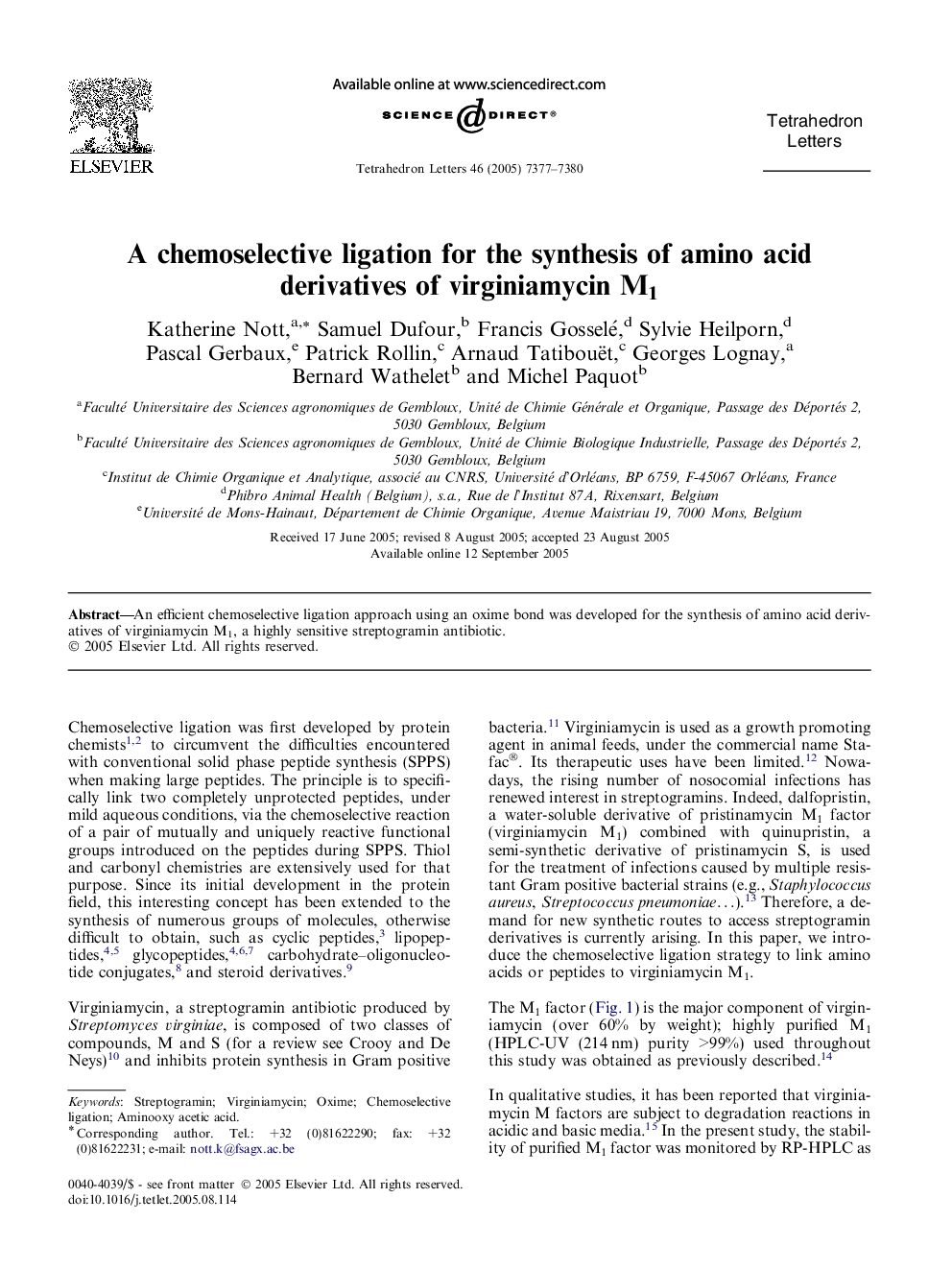 A chemoselective ligation for the synthesis of amino acid derivatives of virginiamycin M1