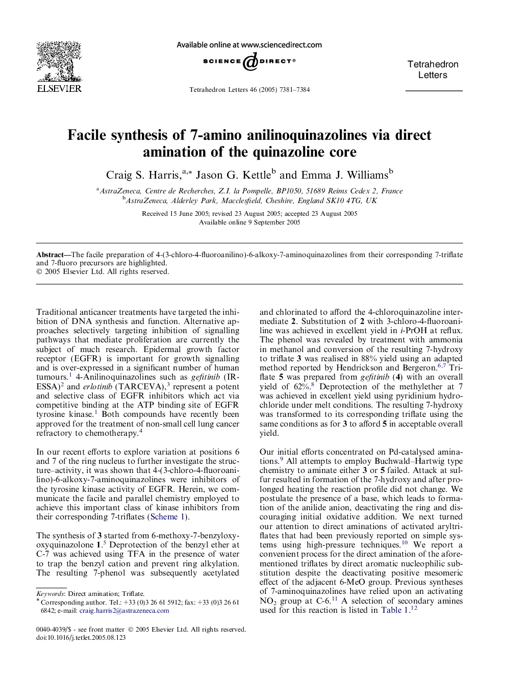 Facile synthesis of 7-amino anilinoquinazolines via direct amination of the quinazoline core