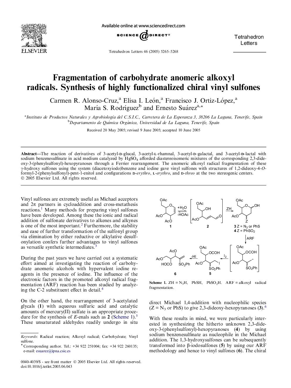 Fragmentation of carbohydrate anomeric alkoxyl radicals. Synthesis of highly functionalized chiral vinyl sulfones