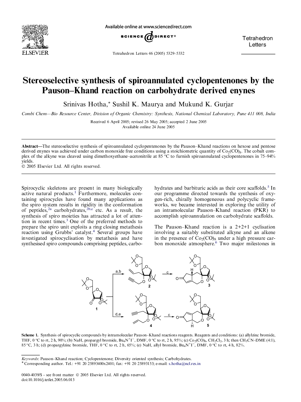 Stereoselective synthesis of spiroannulated cyclopentenones by the Pauson-Khand reaction on carbohydrate derived enynes