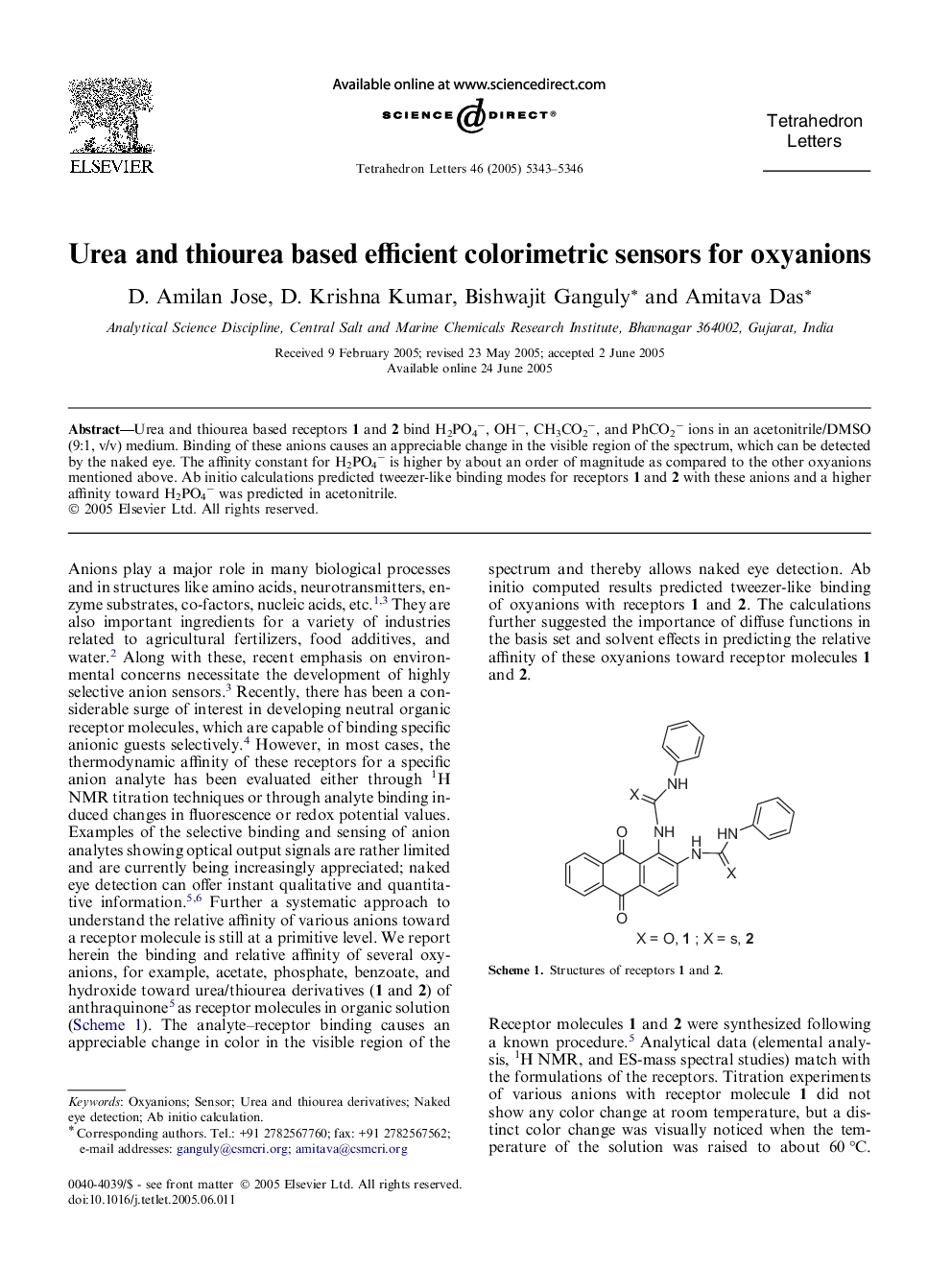 Urea and thiourea based efficient colorimetric sensors for oxyanions
