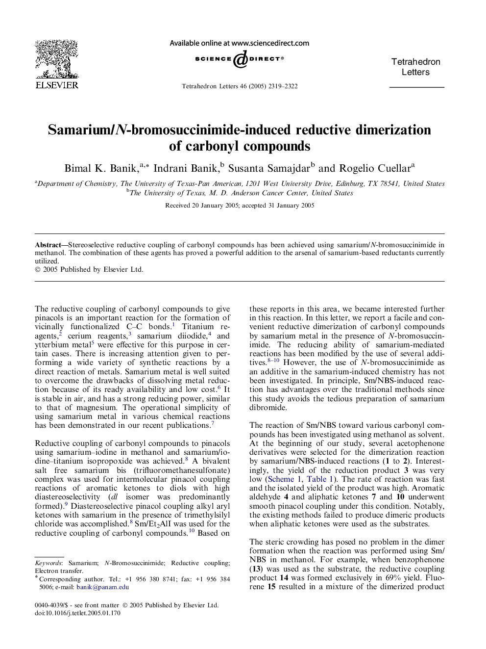 Samarium/N-bromosuccinimide-induced reductive dimerization of carbonyl compounds