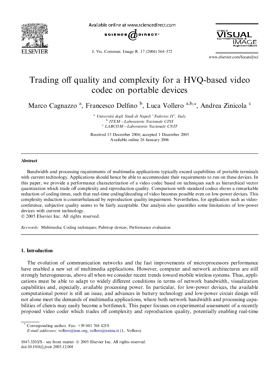 Trading off quality and complexity for a HVQ-based video codec on portable devices