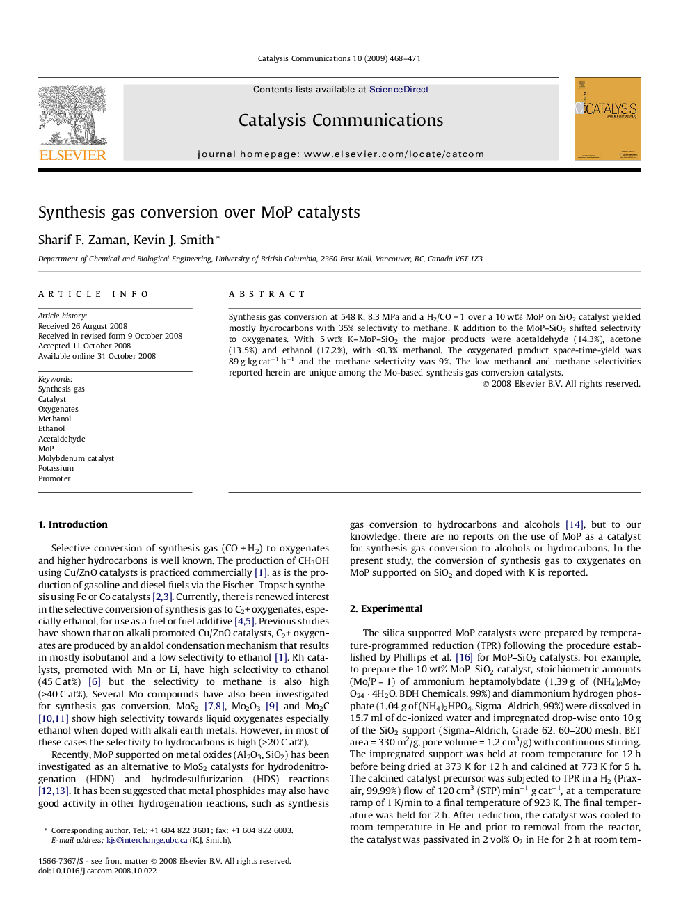 Synthesis gas conversion over MoP catalysts