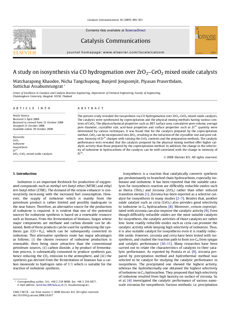 A study on isosynthesis via CO hydrogenation over ZrO2–CeO2 mixed oxide catalysts