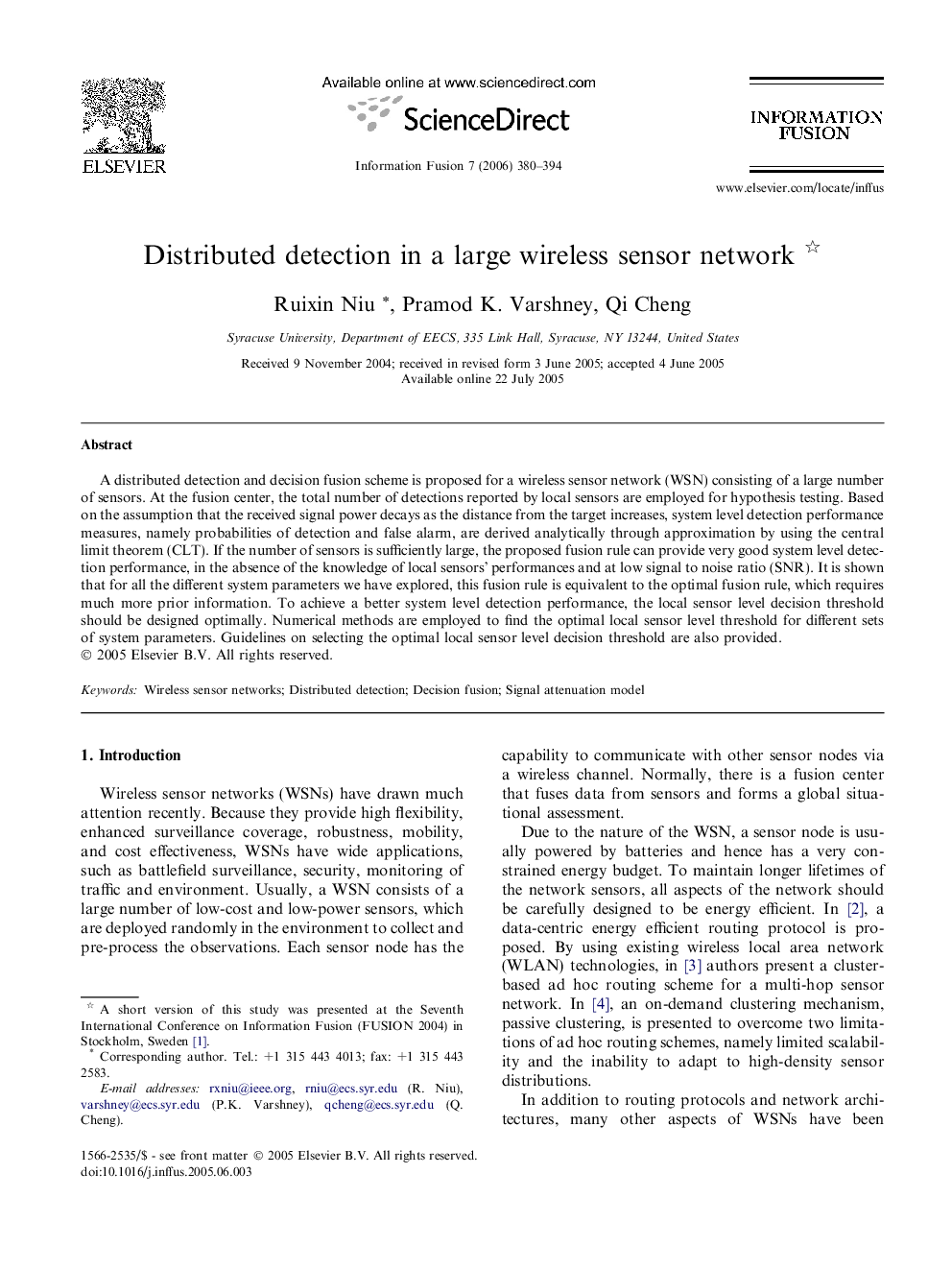 Distributed detection in a large wireless sensor network 