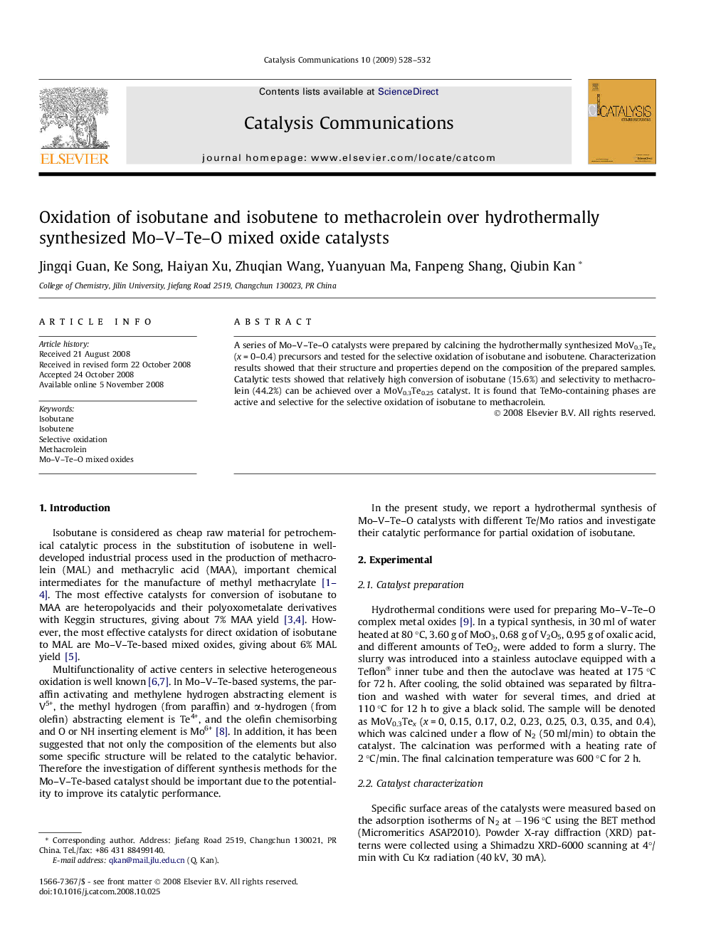 Oxidation of isobutane and isobutene to methacrolein over hydrothermally synthesized Mo–V–Te–O mixed oxide catalysts