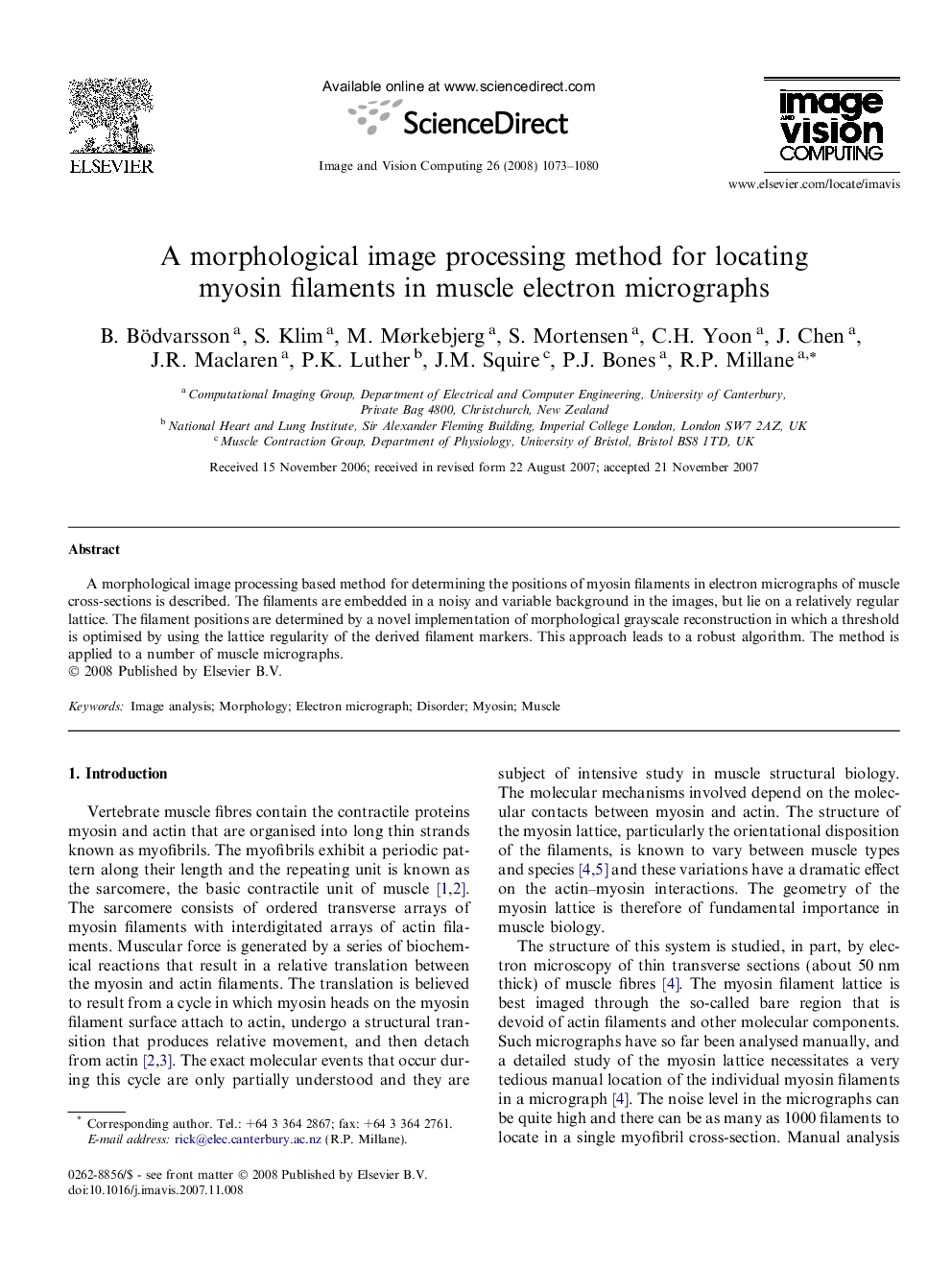 A morphological image processing method for locating myosin filaments in muscle electron micrographs