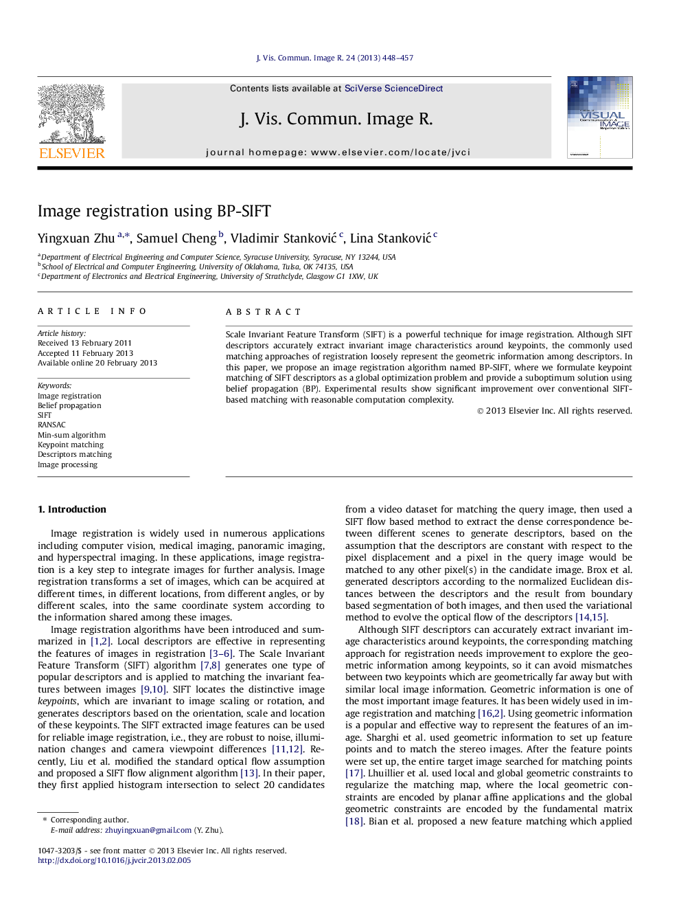 Image registration using BP-SIFT