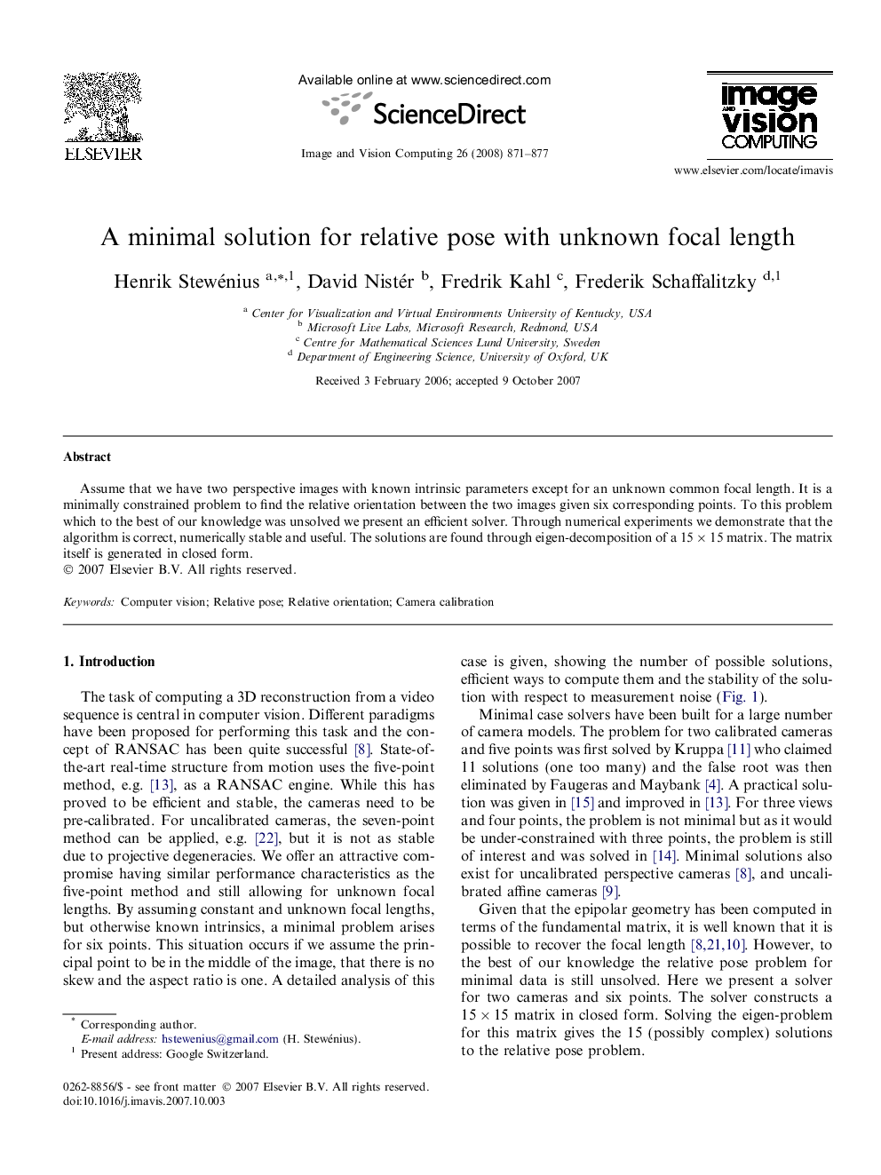 A minimal solution for relative pose with unknown focal length