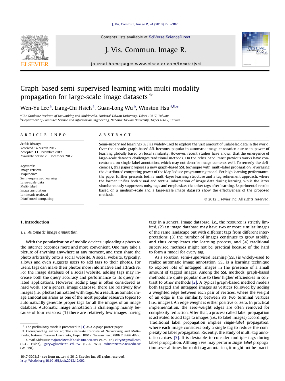 Graph-based semi-supervised learning with multi-modality propagation for large-scale image datasets 