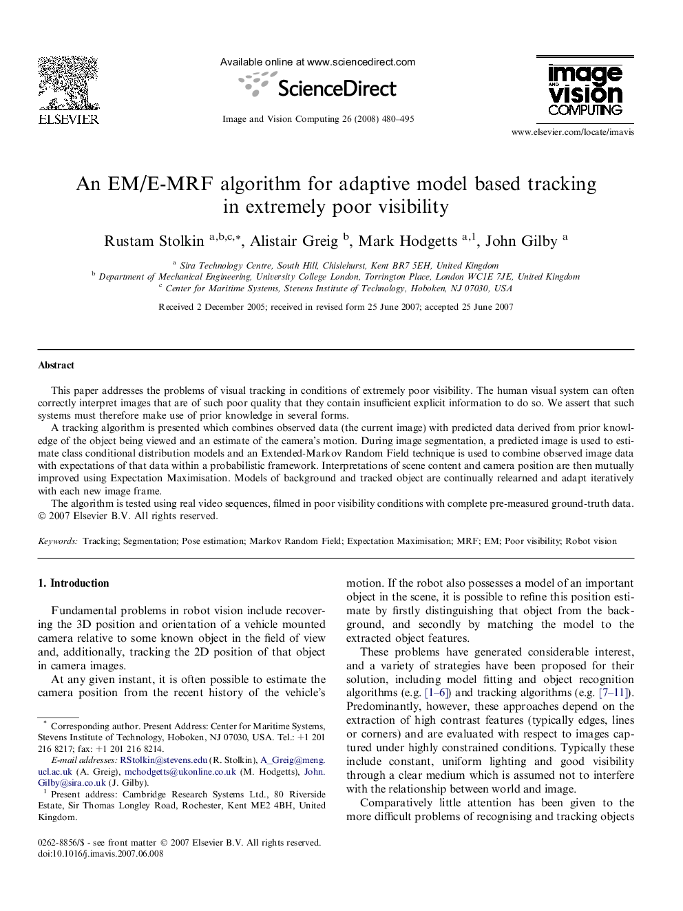 An EM/E-MRF algorithm for adaptive model based tracking in extremely poor visibility