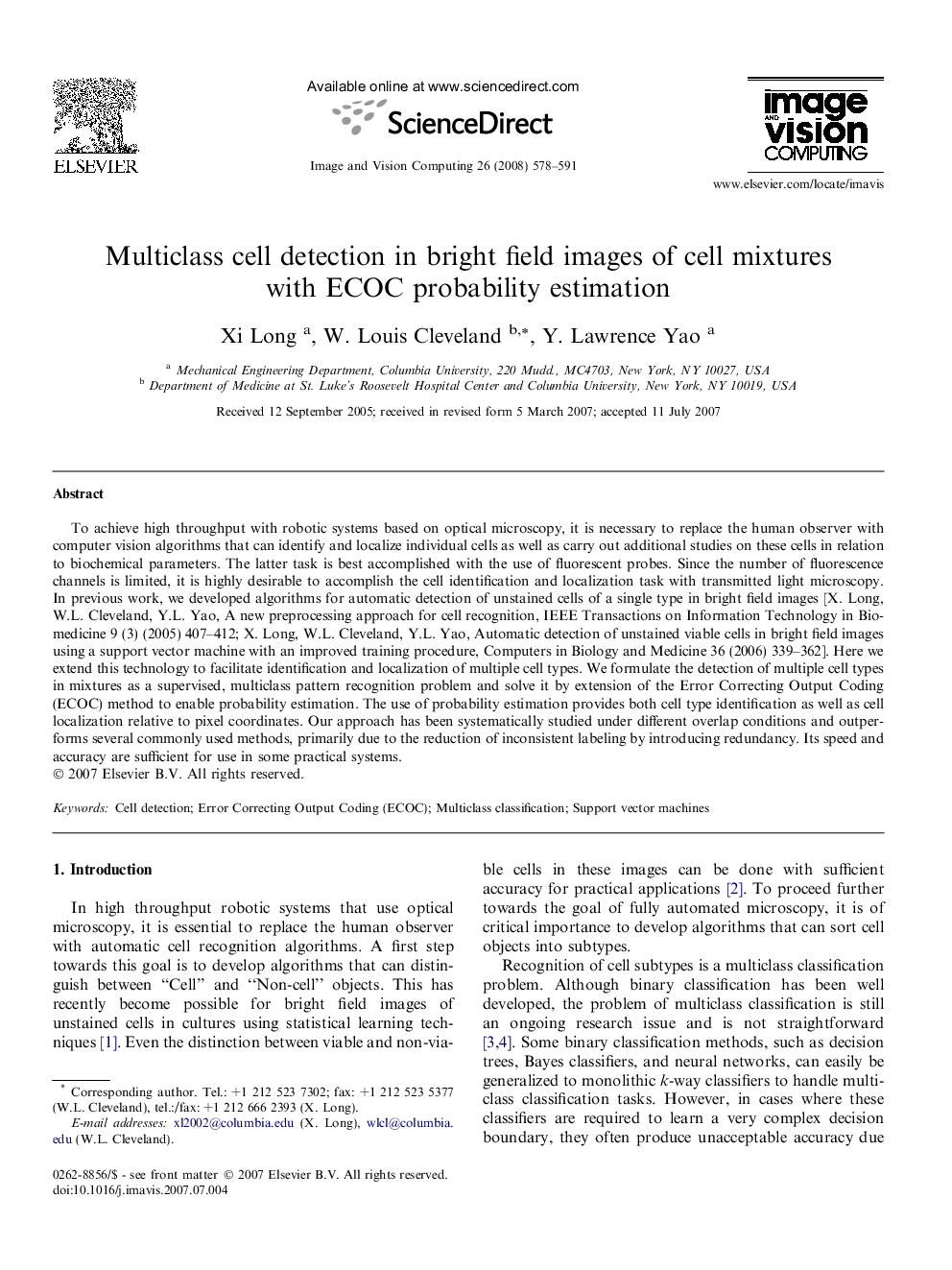 Multiclass cell detection in bright field images of cell mixtures with ECOC probability estimation