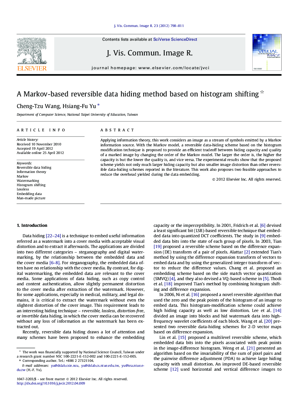 A Markov-based reversible data hiding method based on histogram shifting 