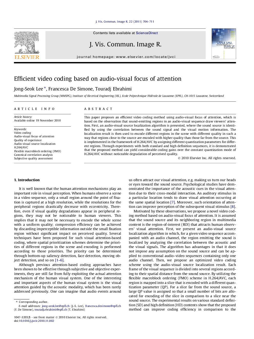 عکس صفحه اول مقاله: Efficient video coding based on audio-visual focus of attention Efficient video coding based on audio-visual focus of attention