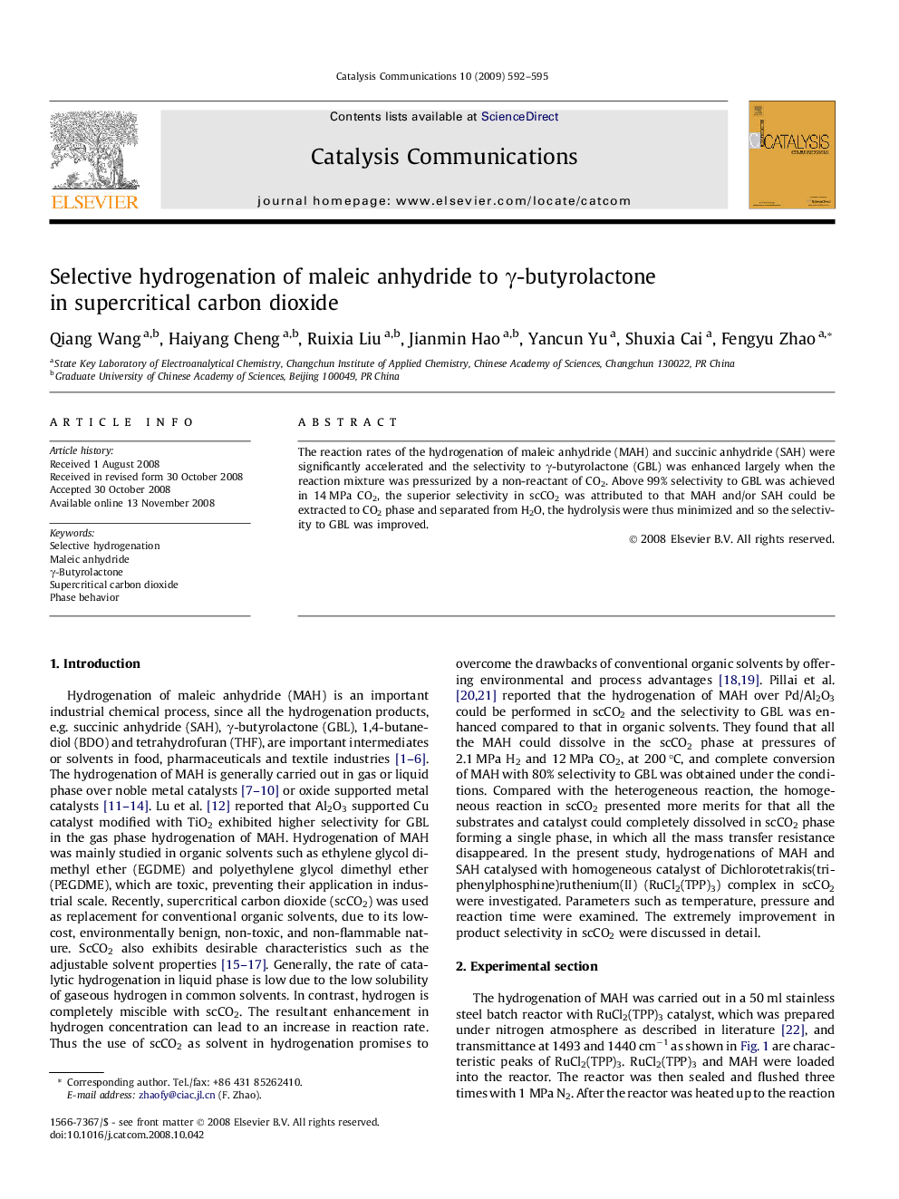 Selective hydrogenation of maleic anhydride to γ-butyrolactone in supercritical carbon dioxide