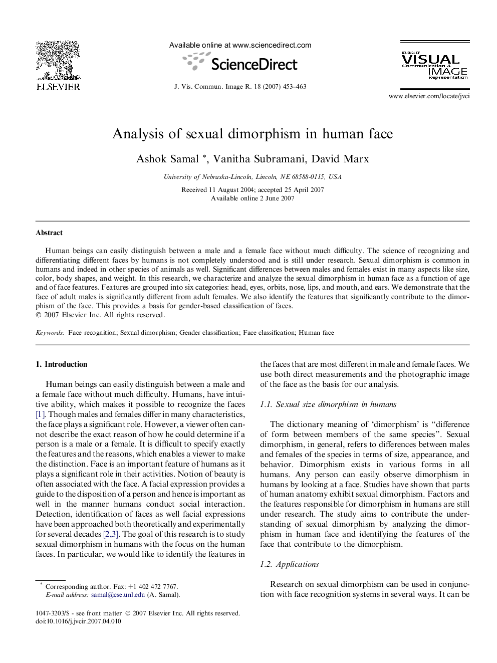 Analysis of sexual dimorphism in human face