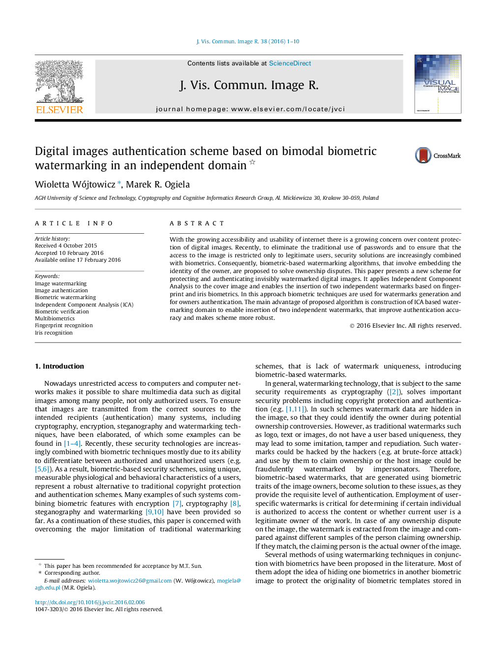 Digital images authentication scheme based on bimodal biometric watermarking in an independent domain 