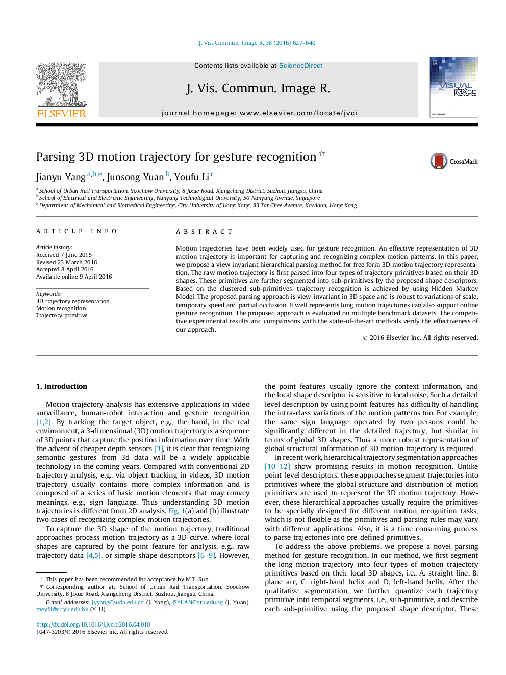 Parsing 3D motion trajectory for gesture recognition 