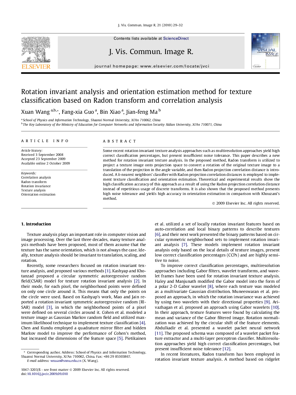 Rotation invariant analysis and orientation estimation method for texture classification based on Radon transform and correlation analysis