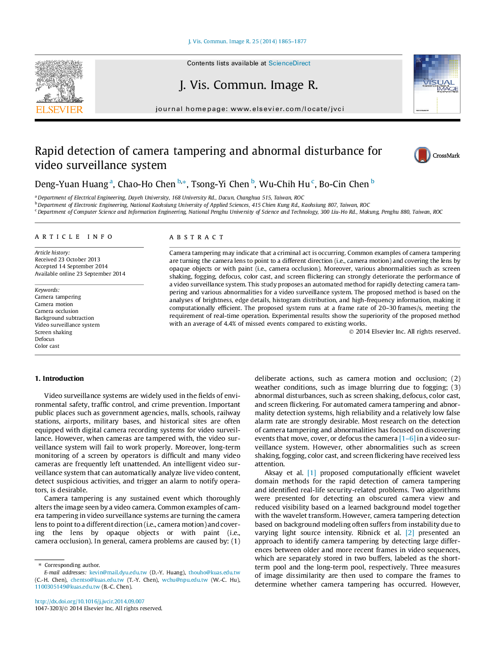 Rapid detection of camera tampering and abnormal disturbance for video surveillance system