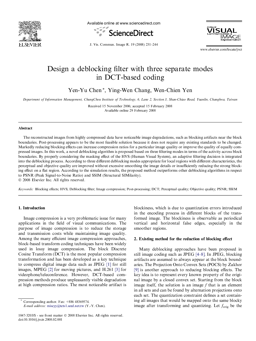 Design a deblocking filter with three separate modes in DCT-based coding