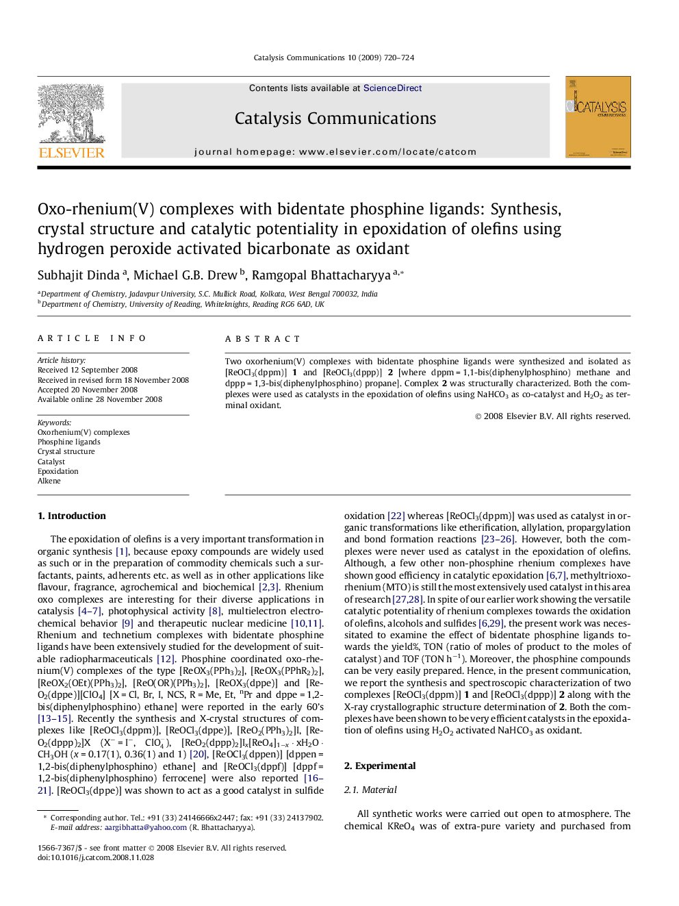 Oxo-rhenium(V) complexes with bidentate phosphine ligands: Synthesis, crystal structure and catalytic potentiality in epoxidation of olefins using hydrogen peroxide activated bicarbonate as oxidant