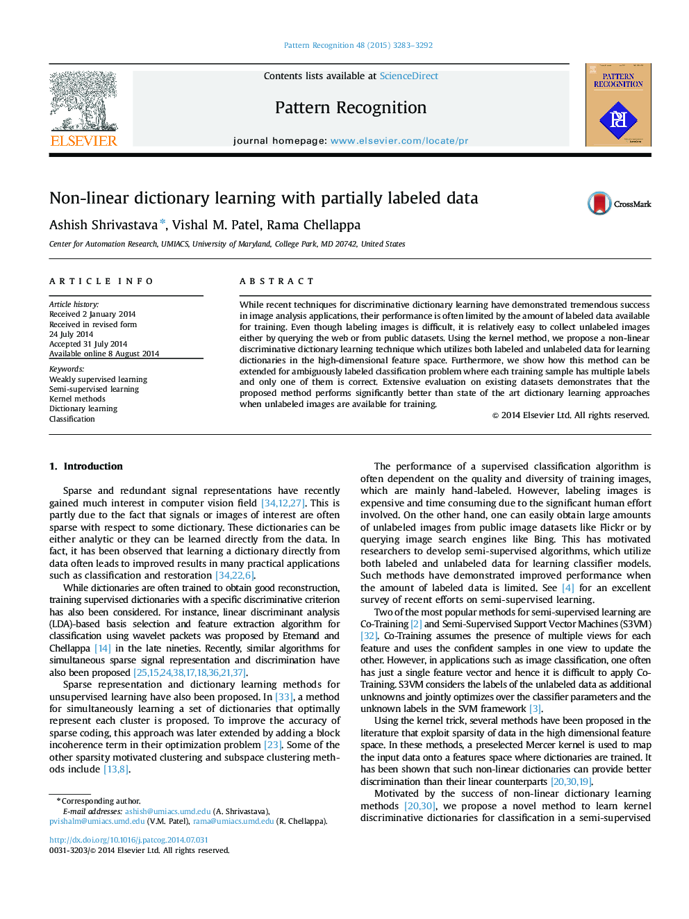 Non-linear dictionary learning with partially labeled data