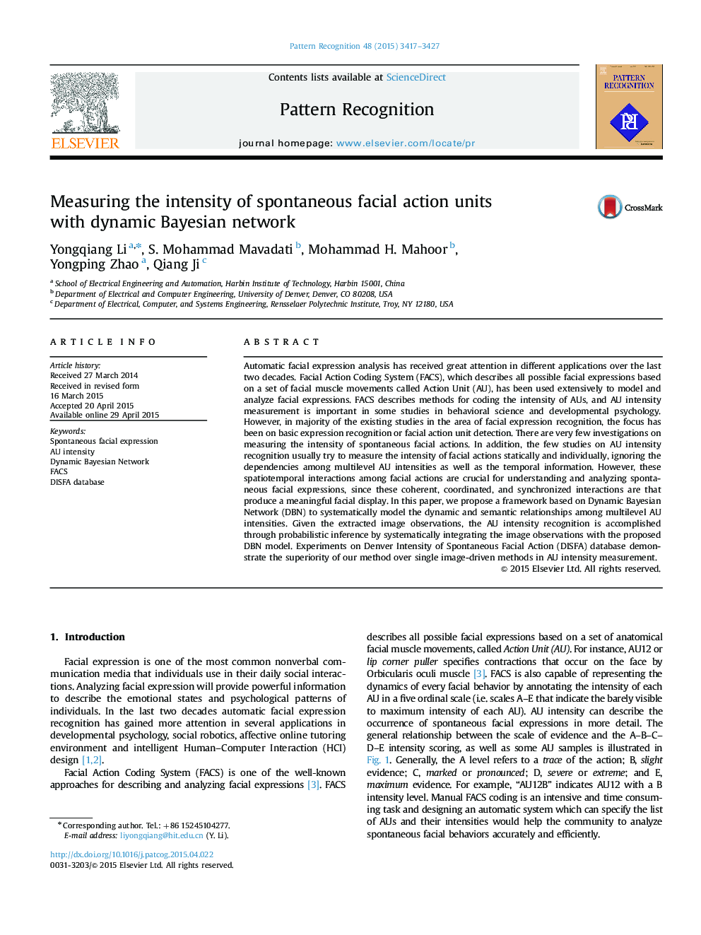 Measuring the intensity of spontaneous facial action units with dynamic Bayesian network