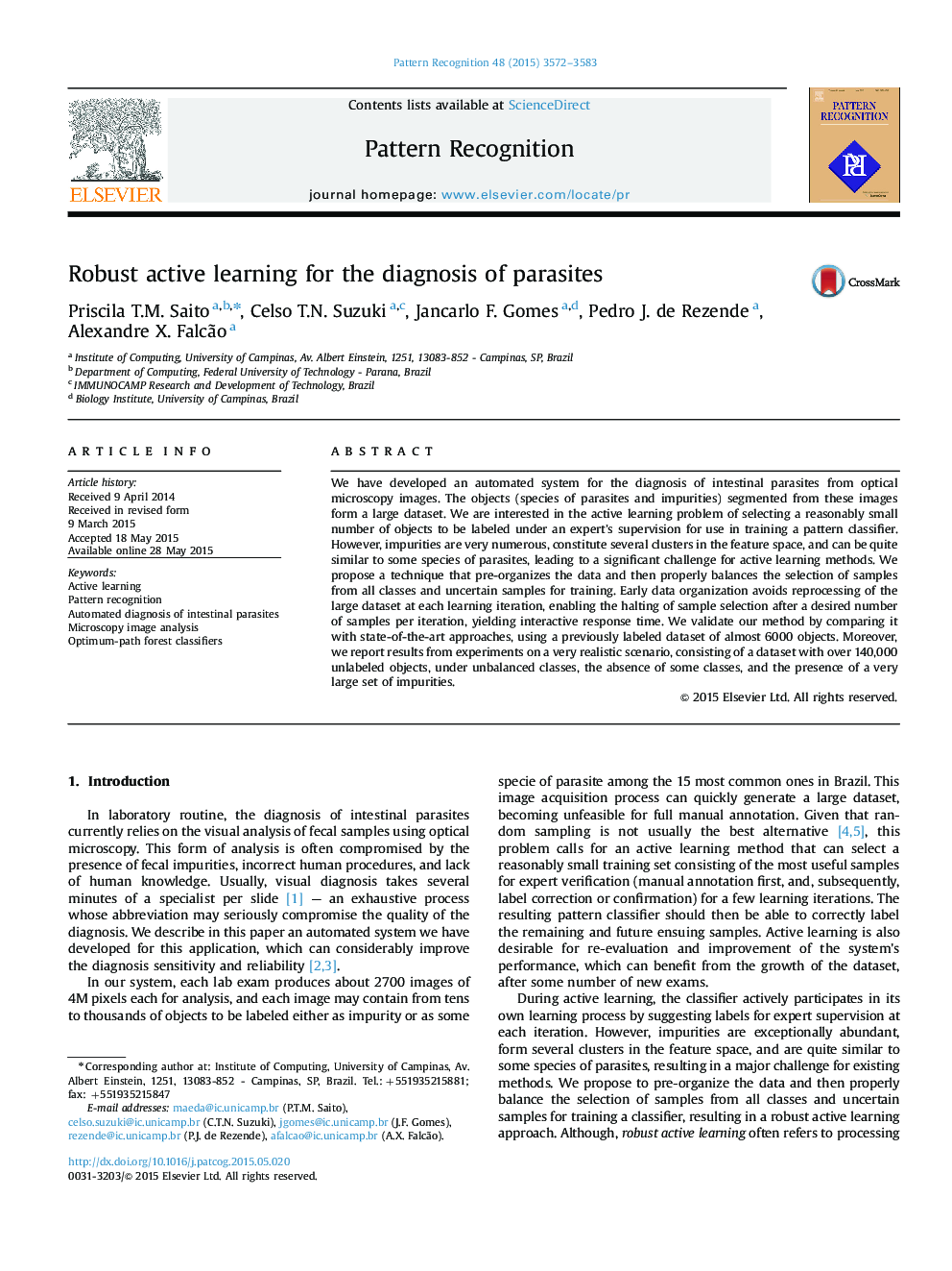 Robust active learning for the diagnosis of parasites