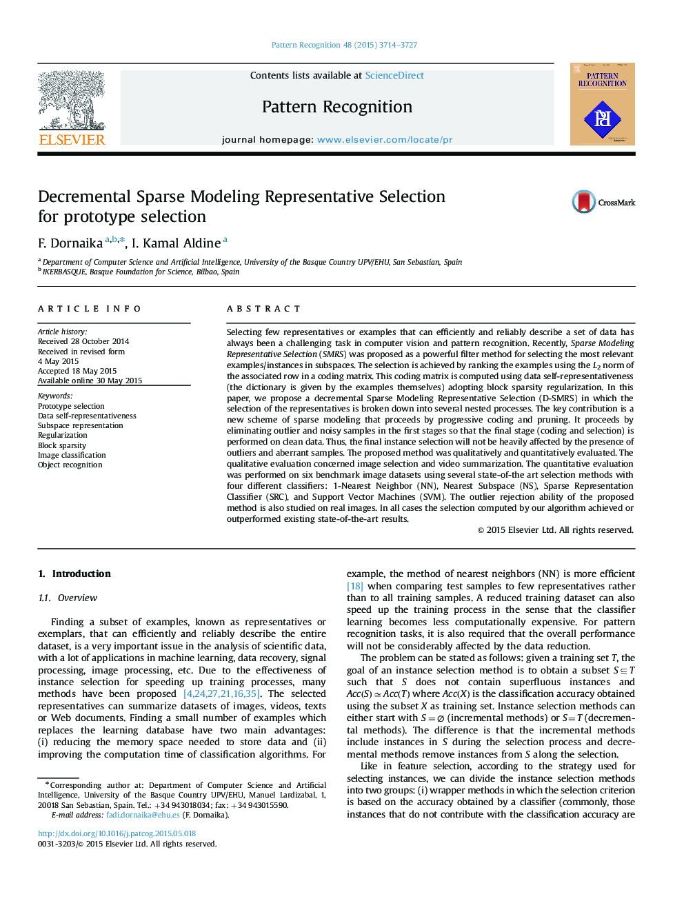 Decremental Sparse Modeling Representative Selection for prototype selection