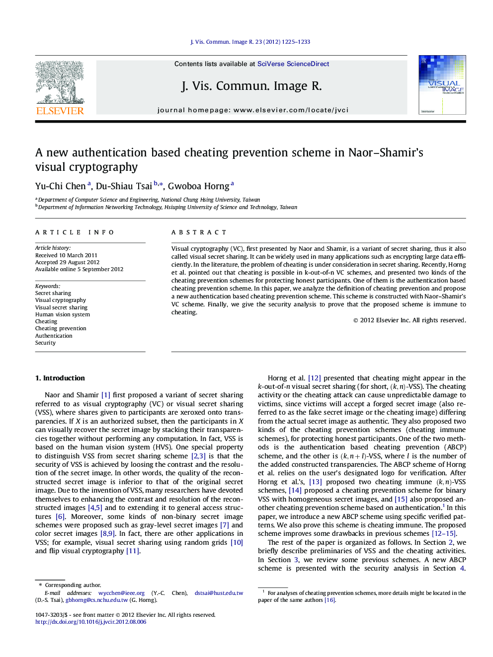 A new authentication based cheating prevention scheme in Naor–Shamir’s visual cryptography