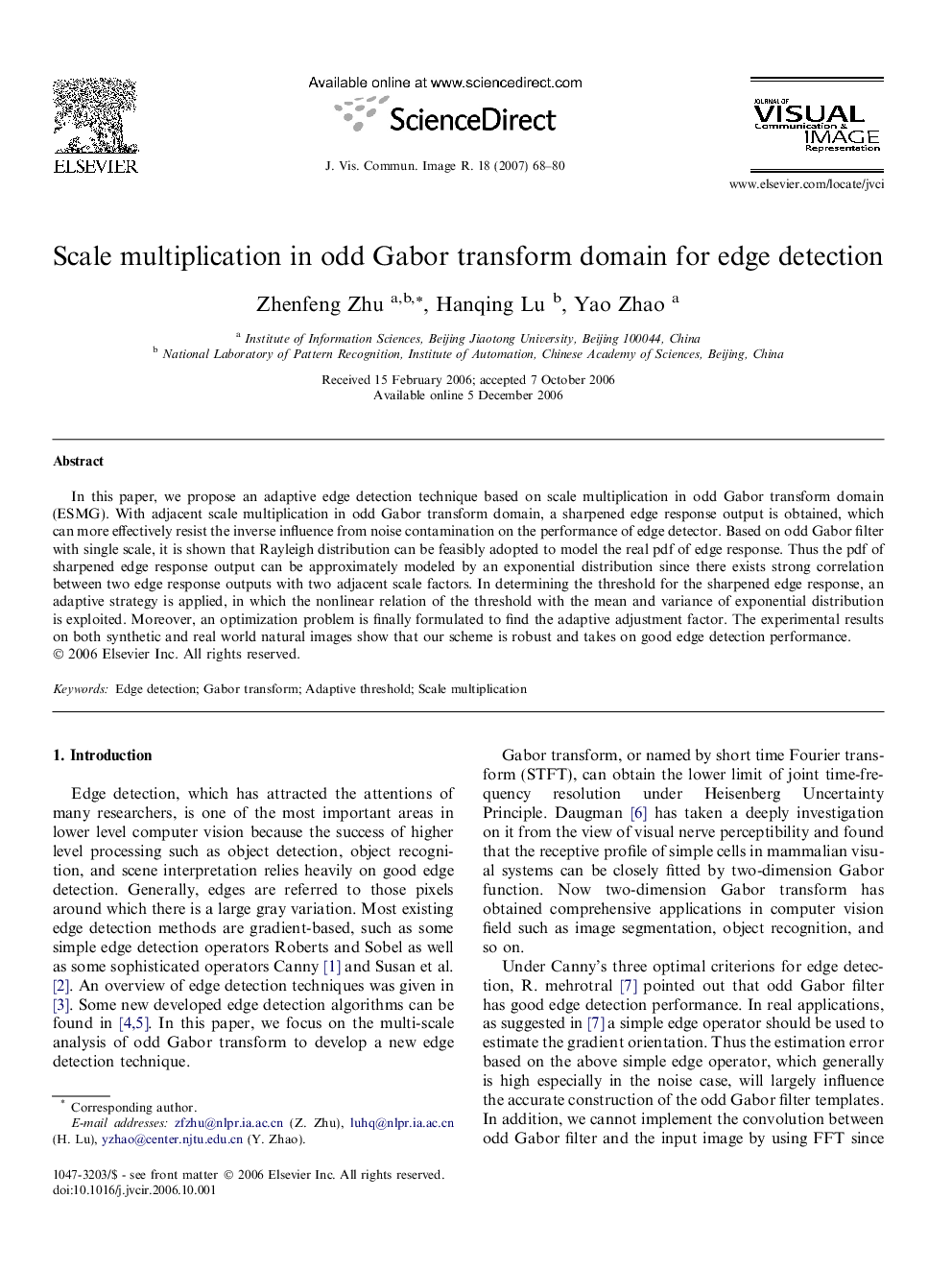 Scale multiplication in odd Gabor transform domain for edge detection