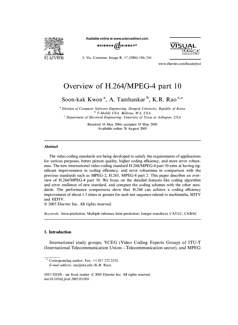 Overview of H.264/MPEG-4 part 10