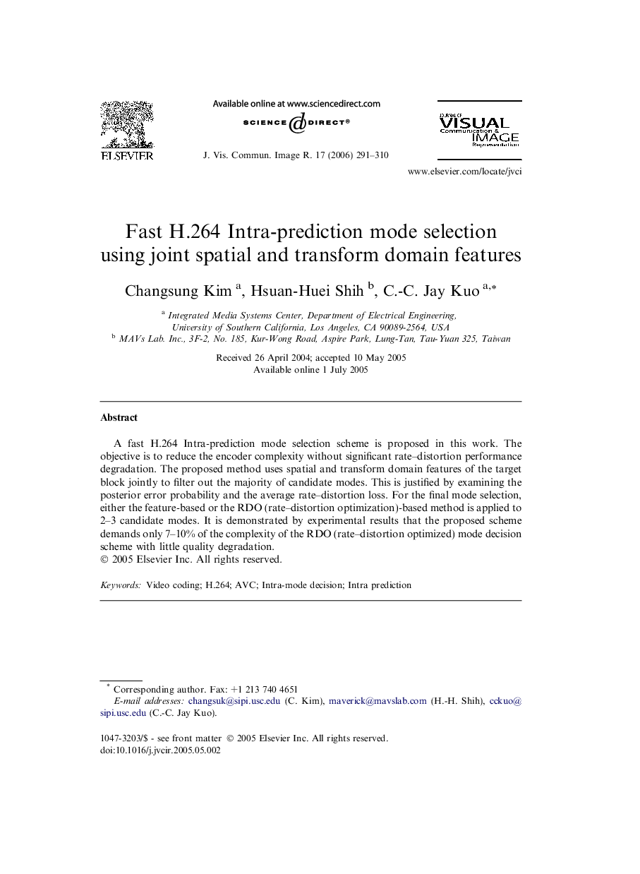 Fast H.264 Intra-prediction mode selection using joint spatial and transform domain features