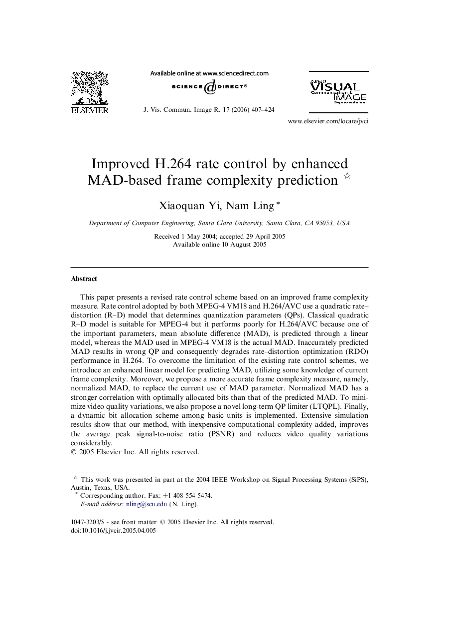 Improved H.264 rate control by enhanced MAD-based frame complexity prediction 