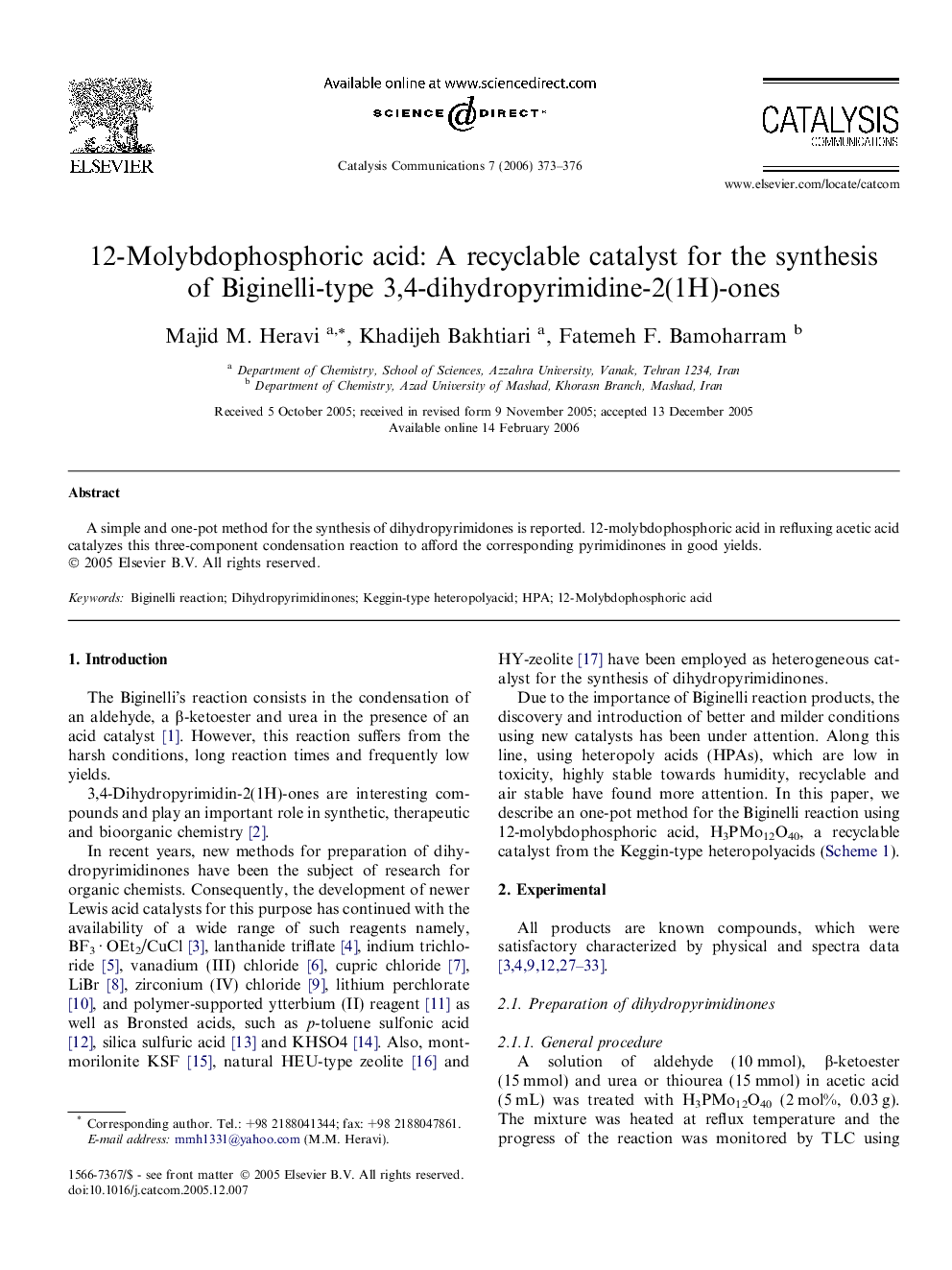 12-Molybdophosphoric acid: A recyclable catalyst for the synthesis of Biginelli-type 3,4-dihydropyrimidine-2(1H)-ones