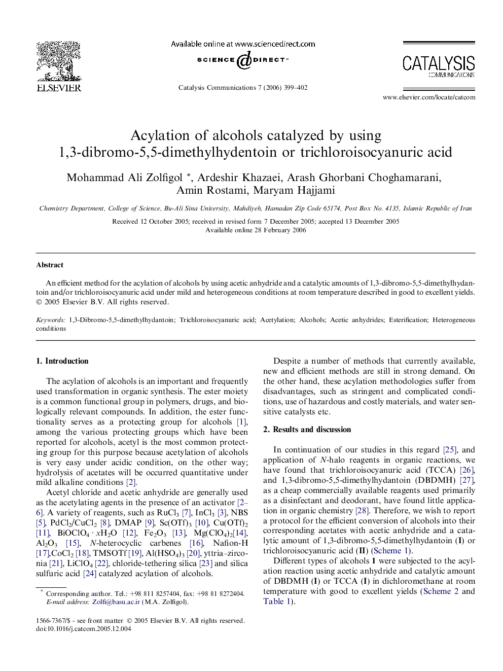 Acylation of alcohols catalyzed by using 1,3-dibromo-5,5-dimethylhydentoin or trichloroisocyanuric acid