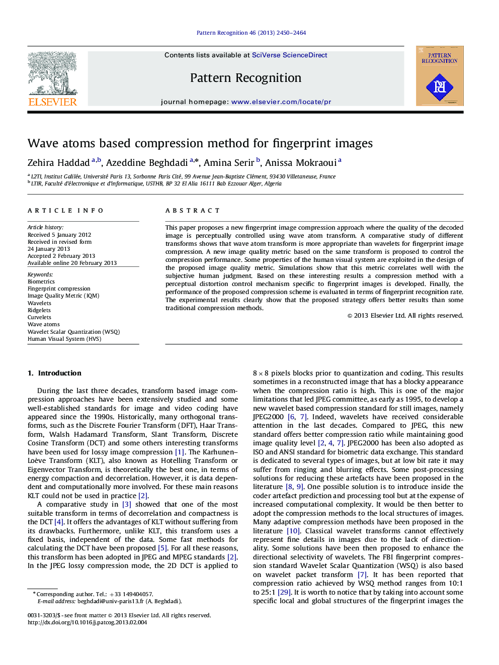 Wave atoms based compression method for fingerprint images