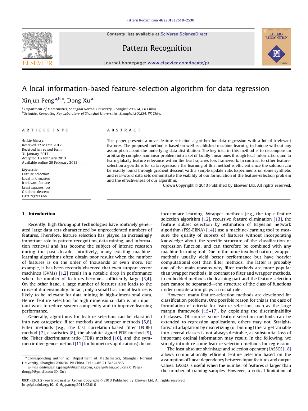 A local information-based feature-selection algorithm for data regression