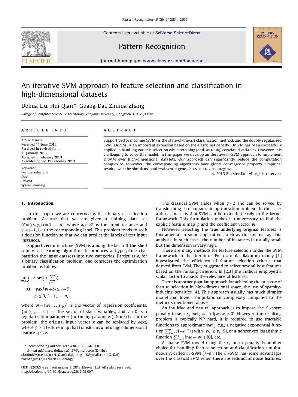 عکس صفحه اول مقاله: An iterative SVM approach to feature selection and classification in high-dimensional datasets An iterative SVM approach to feature selection and classification in high-dimensional datasets