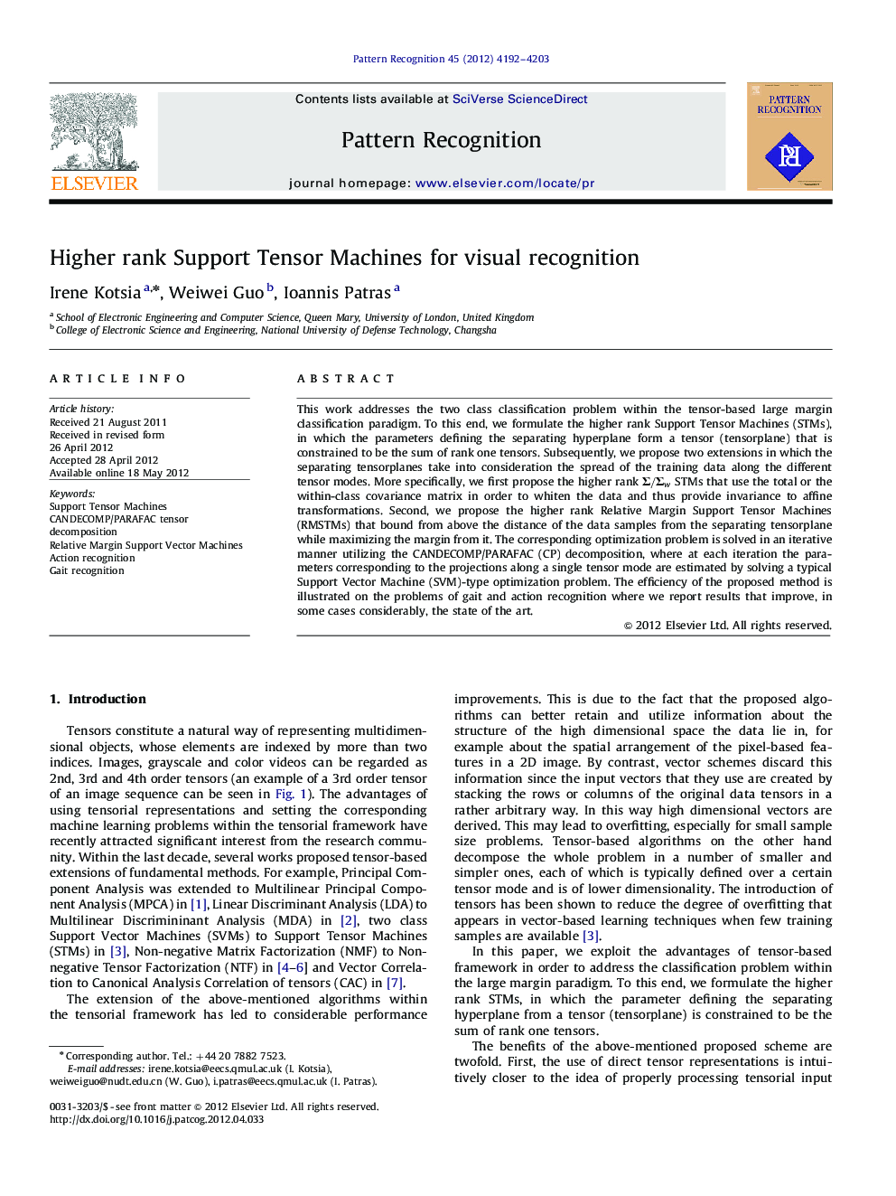 Higher rank Support Tensor Machines for visual recognition