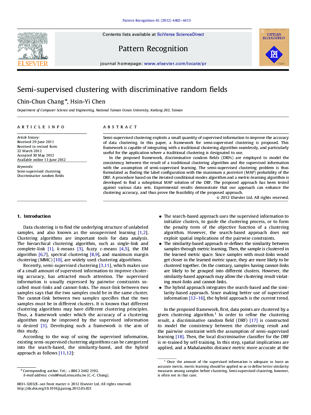 Semi-supervised clustering with discriminative random fields