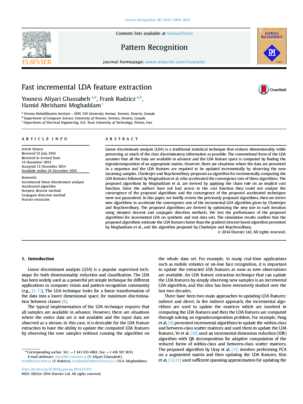 Fast incremental LDA feature extraction