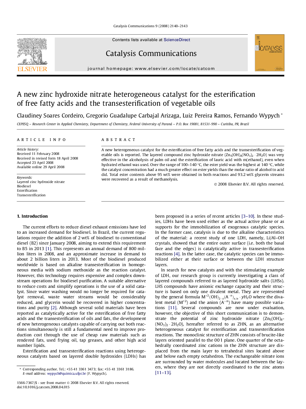 A new zinc hydroxide nitrate heterogeneous catalyst for the esterification of free fatty acids and the transesterification of vegetable oils